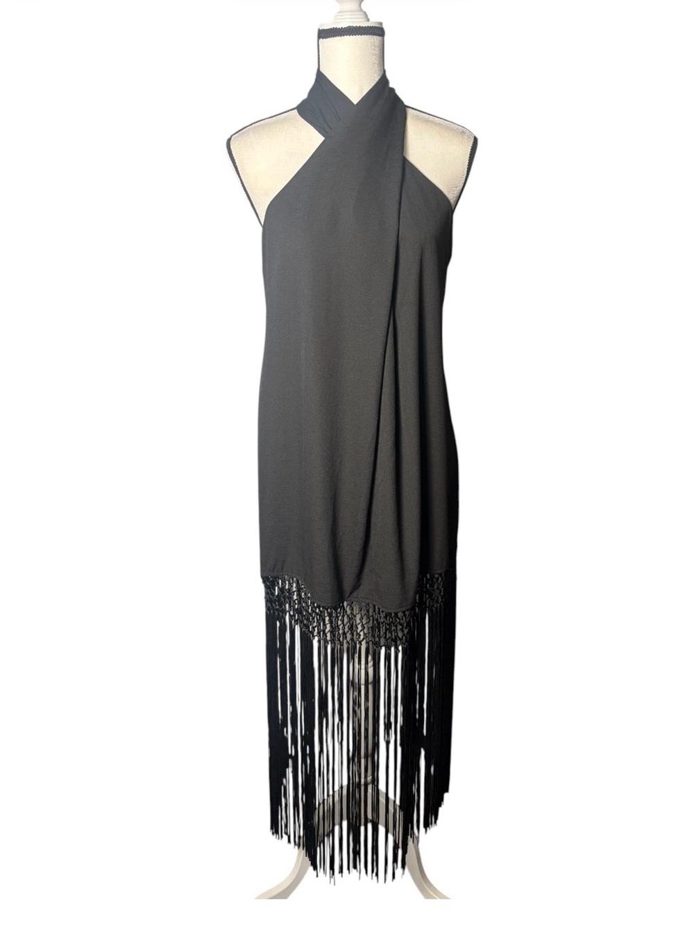 Commense Capri Fringed Open Back Black Halter Mini Dress (Size S)